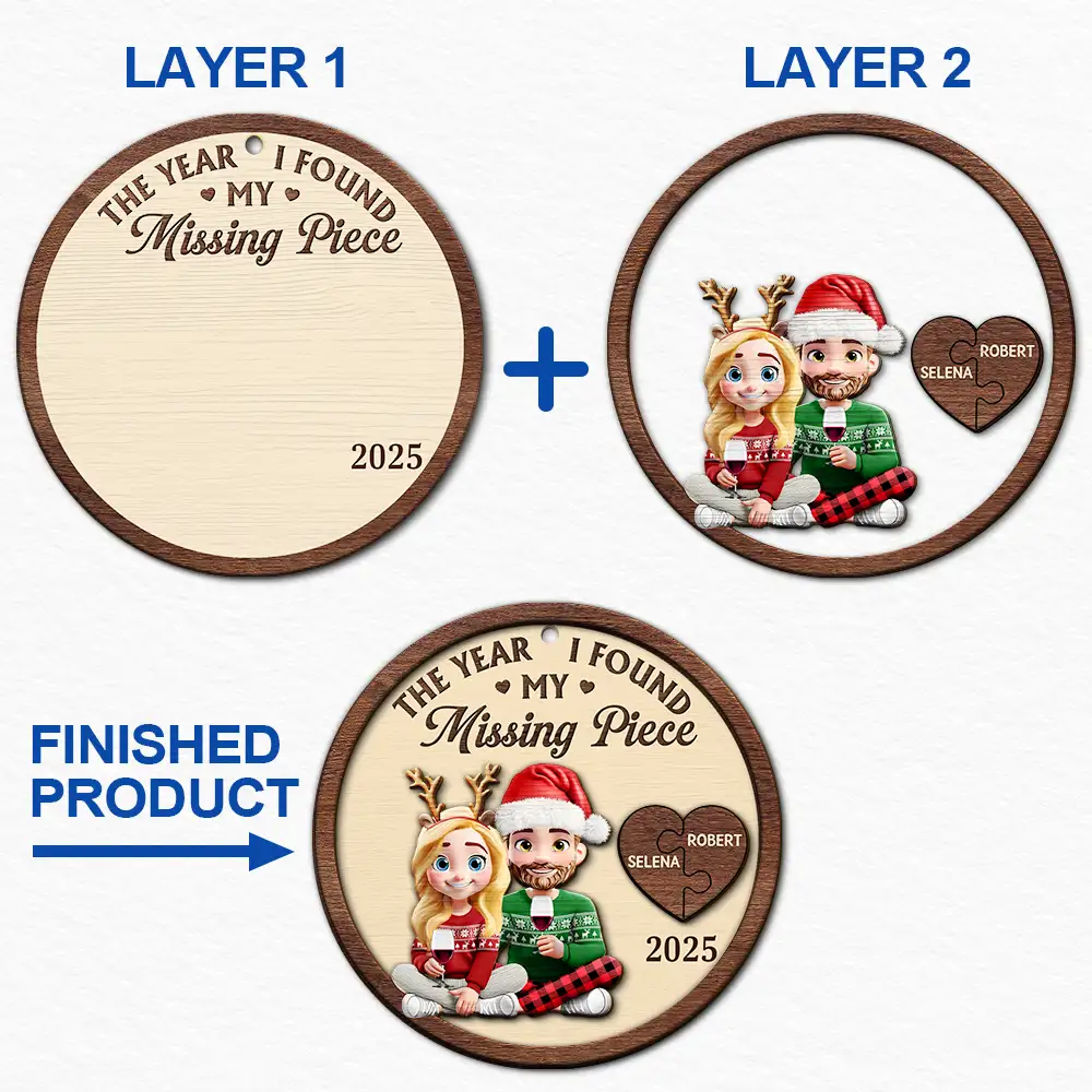 The Year I Found My Missing Piece 3D Effect Cartoon Couple - Personalized 2-Layered Wooden Ornament - Image 6