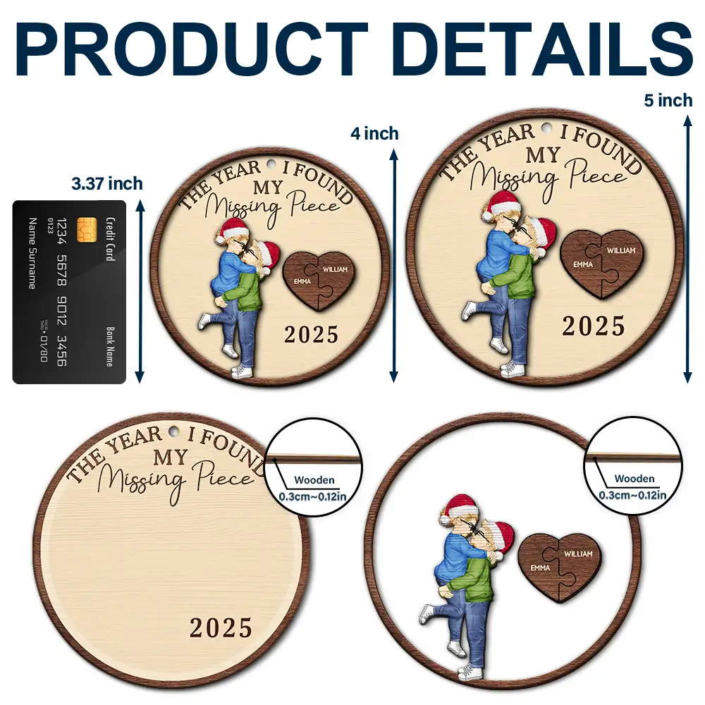 The Year I Found My Missing Piece Cartoon Kissing Couples - Personalized 2-Layered Wooden Ornament - Image 5