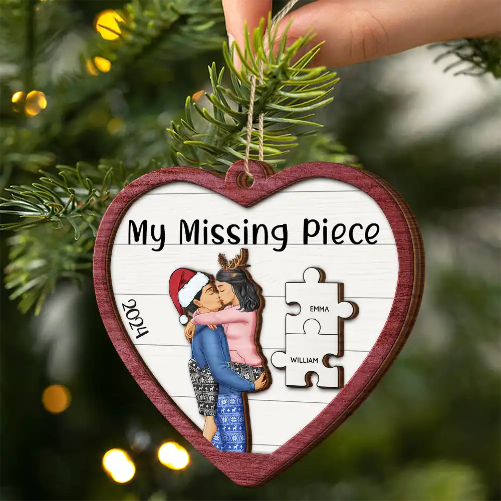 The Year I Found My Missing Piece Kissing Couples Heart Shape - Personalized 2-Layered Wooden Ornament - Image 2