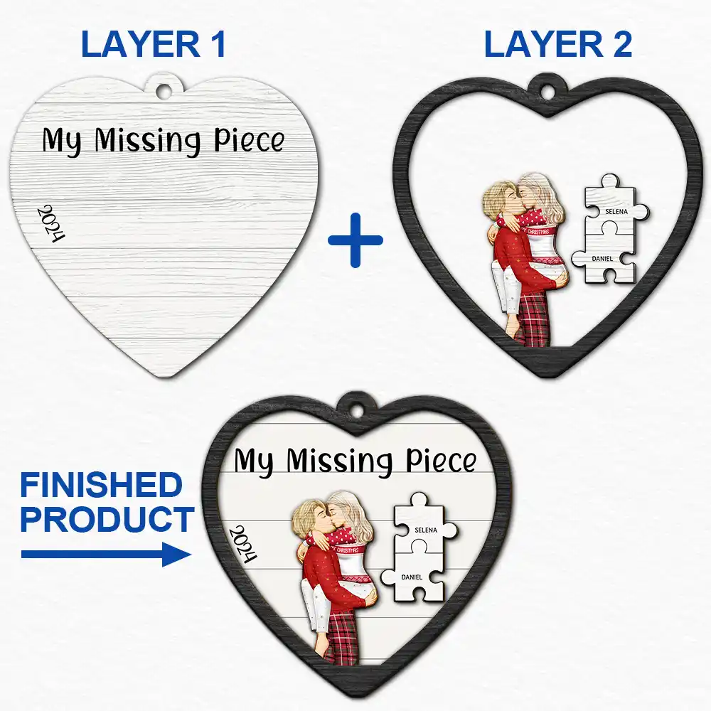 The Year I Found My Missing Piece Kissing Couples Heart Shape - Personalized 2-Layered Wooden Ornament - Image 6