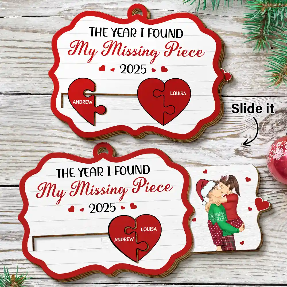 The Year I Found My Missing Piece Kissing Couples - Personalized Wooden Slide Ornament - Image 2