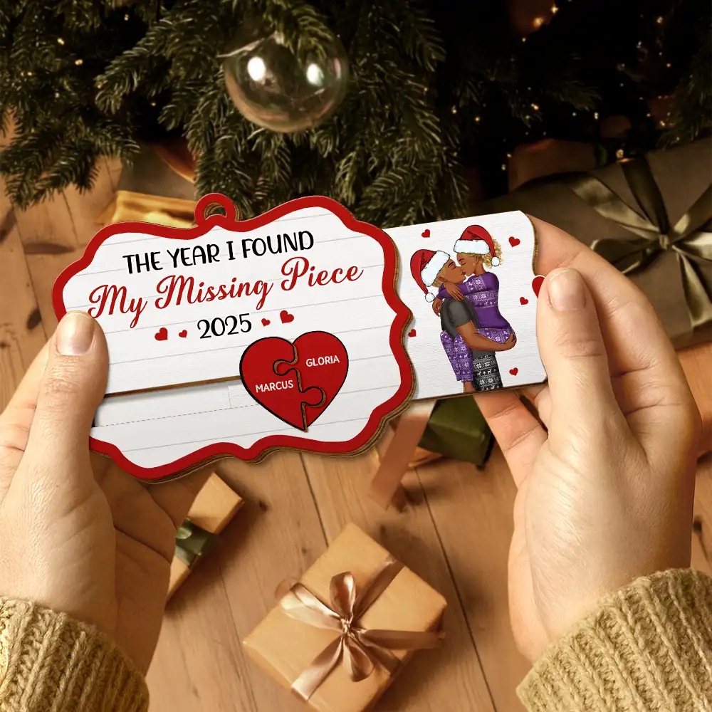 The Year I Found My Missing Piece Kissing Couples - Personalized Wooden Slide Ornament - Image 4