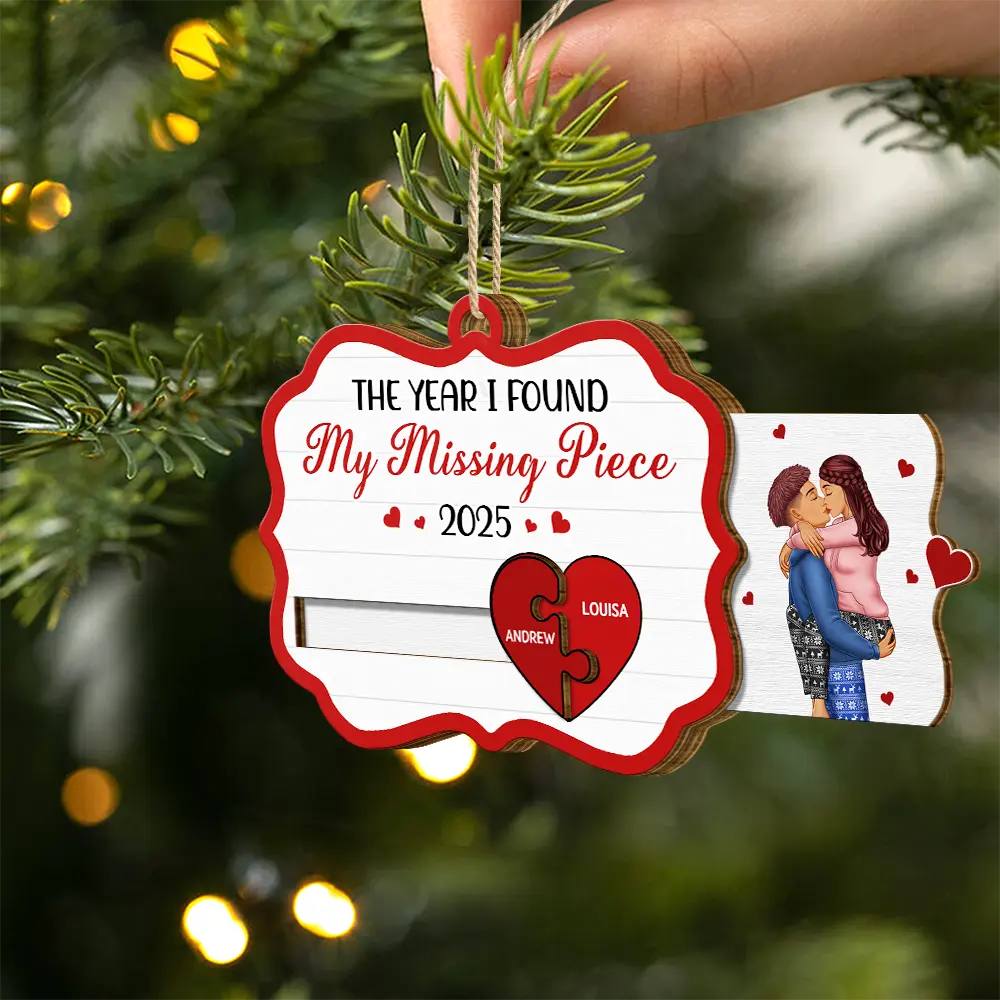 The Year I Found My Missing Piece Kissing Couples - Personalized Wooden Slide Ornament - Image 6