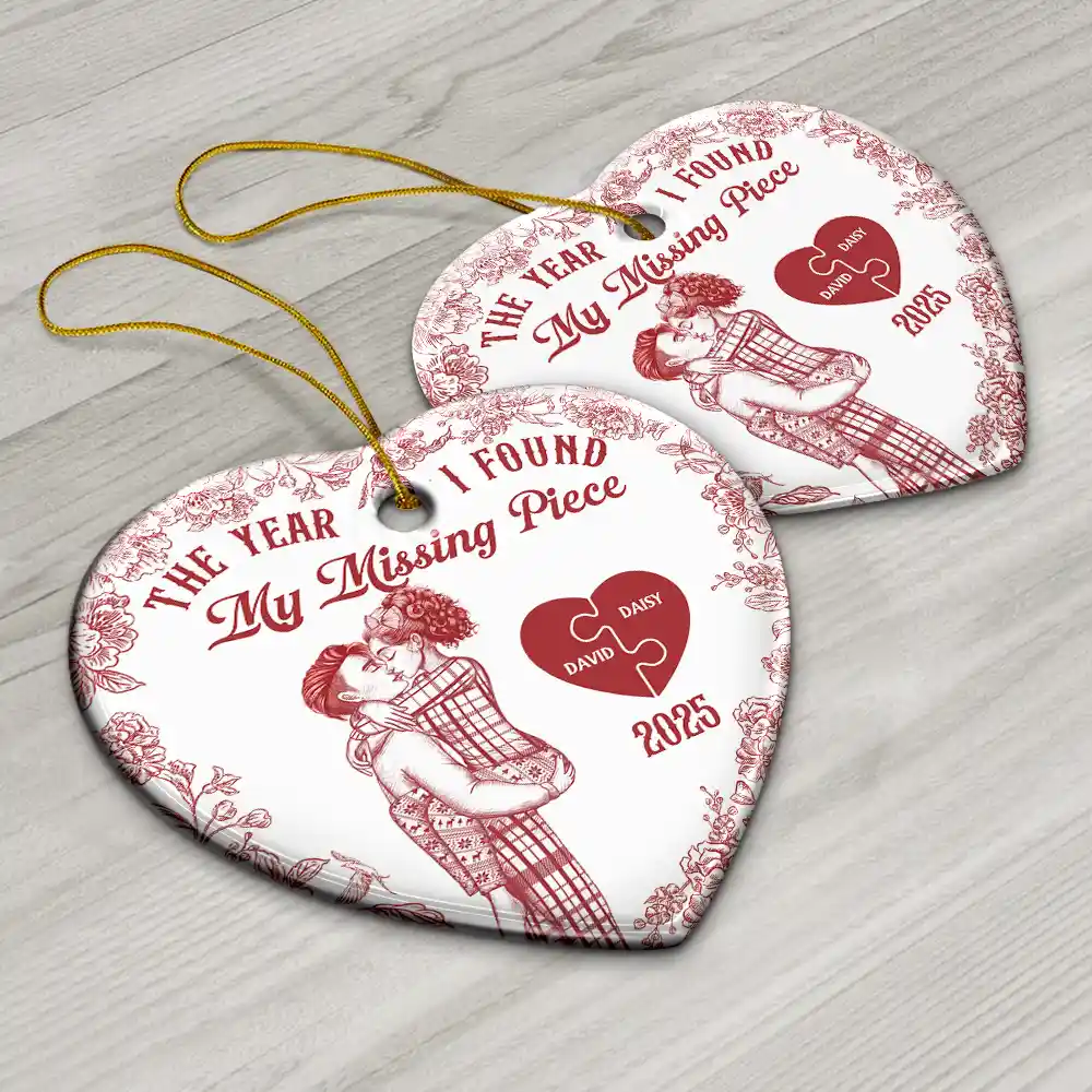 The Year I Found My Missing Piece Kissing Couples Toile - Personalized Heart Ceramic Ornament - Image 6