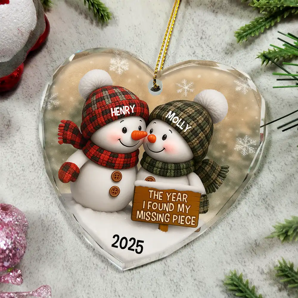 The Year I Found My Missing Piece Snowman - Personalized Heart Shaped Glass Ornament - Image 4