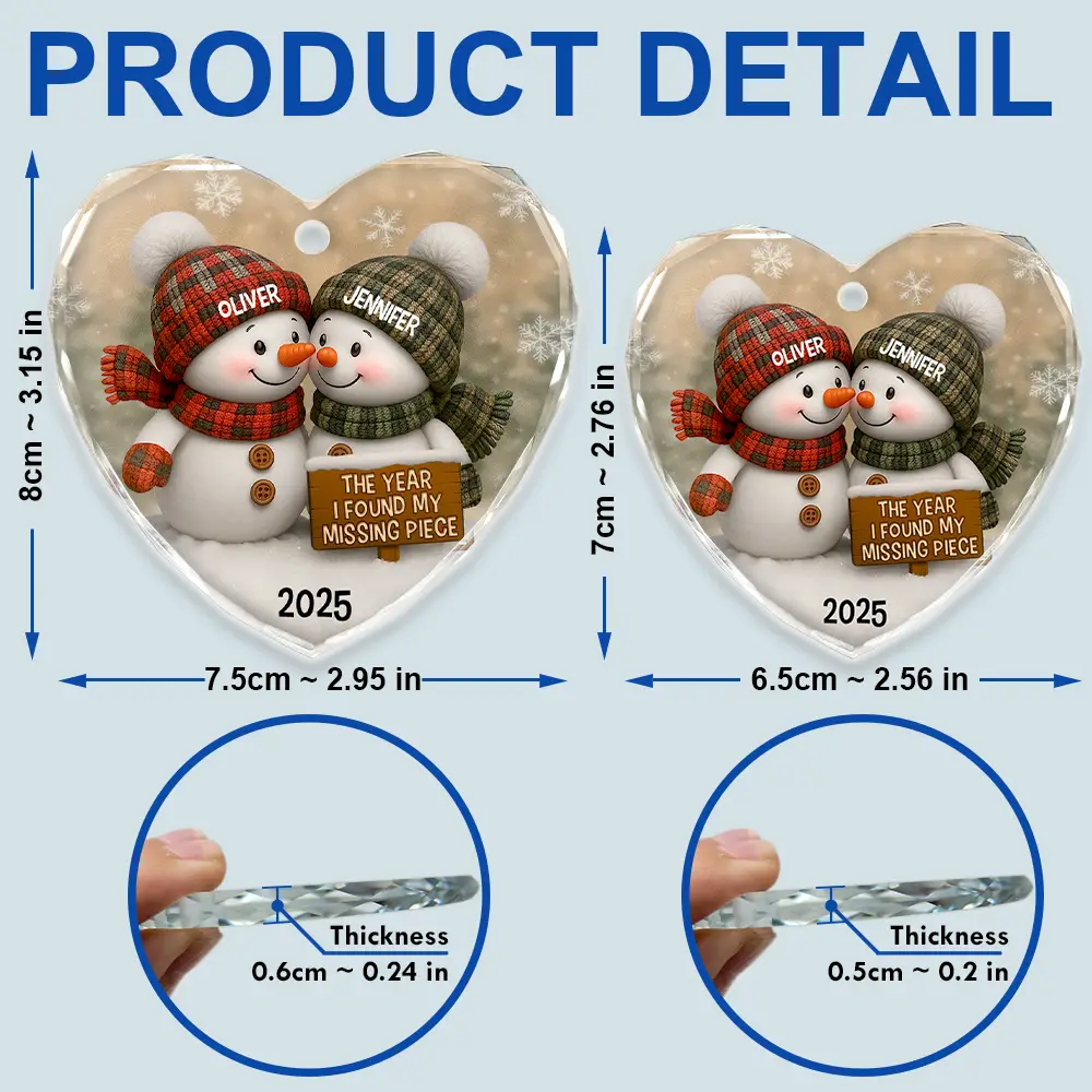 The Year I Found My Missing Piece Snowman - Personalized Heart Shaped Glass Ornament - Image 5