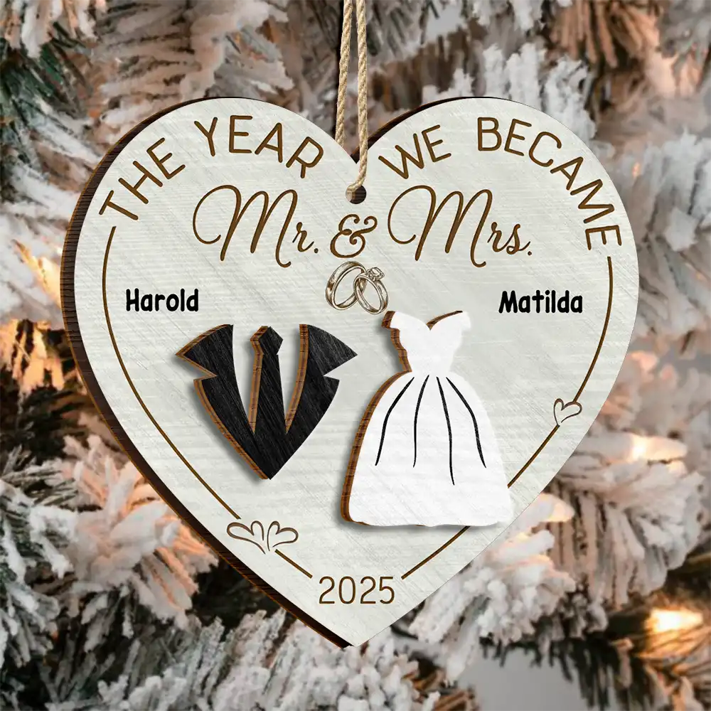The Year We Became Mr & Mrs Heart - Personalized 2-Layered Wooden Ornament - Image 3
