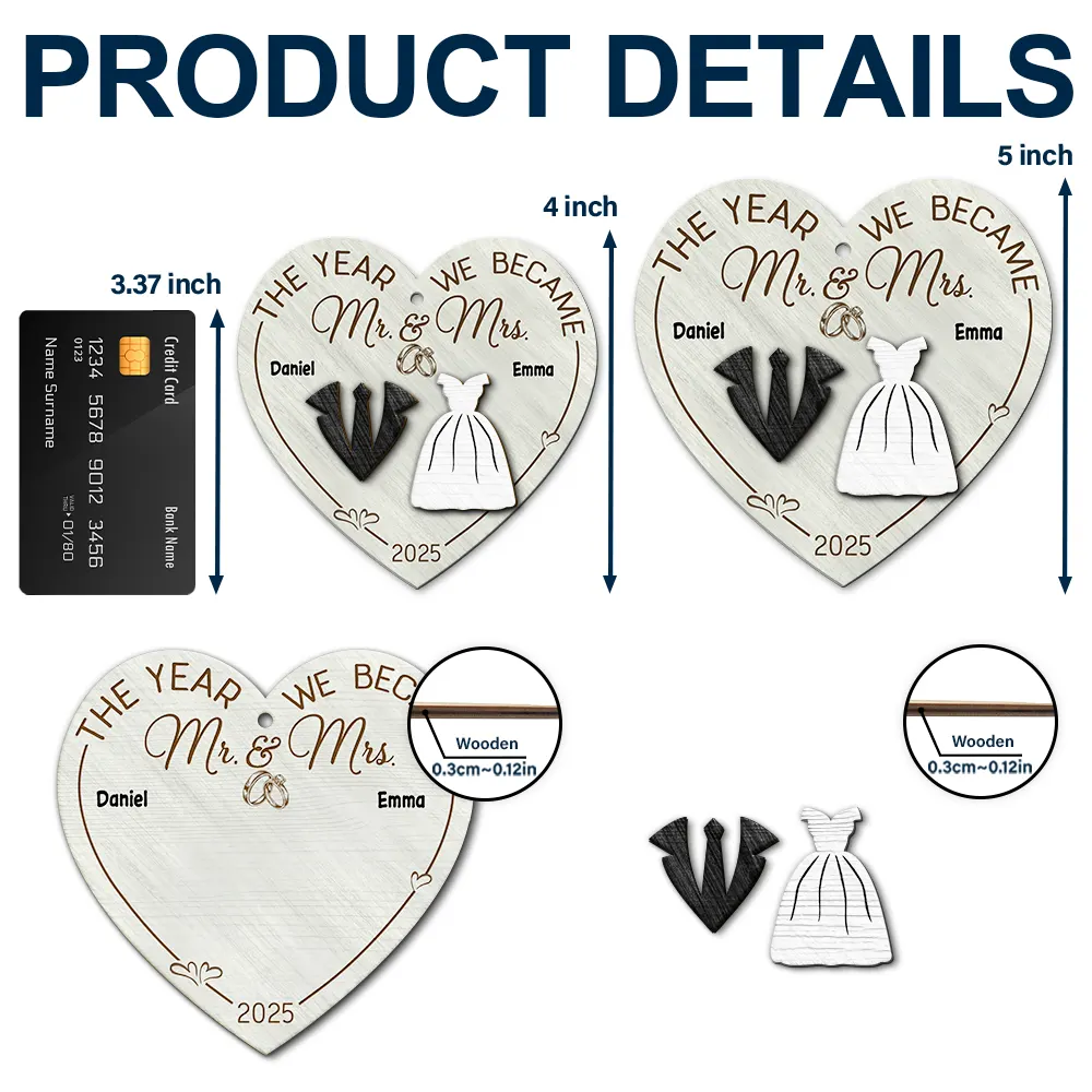 The Year We Became Mr & Mrs Heart - Personalized 2-Layered Wooden Ornament - Image 5