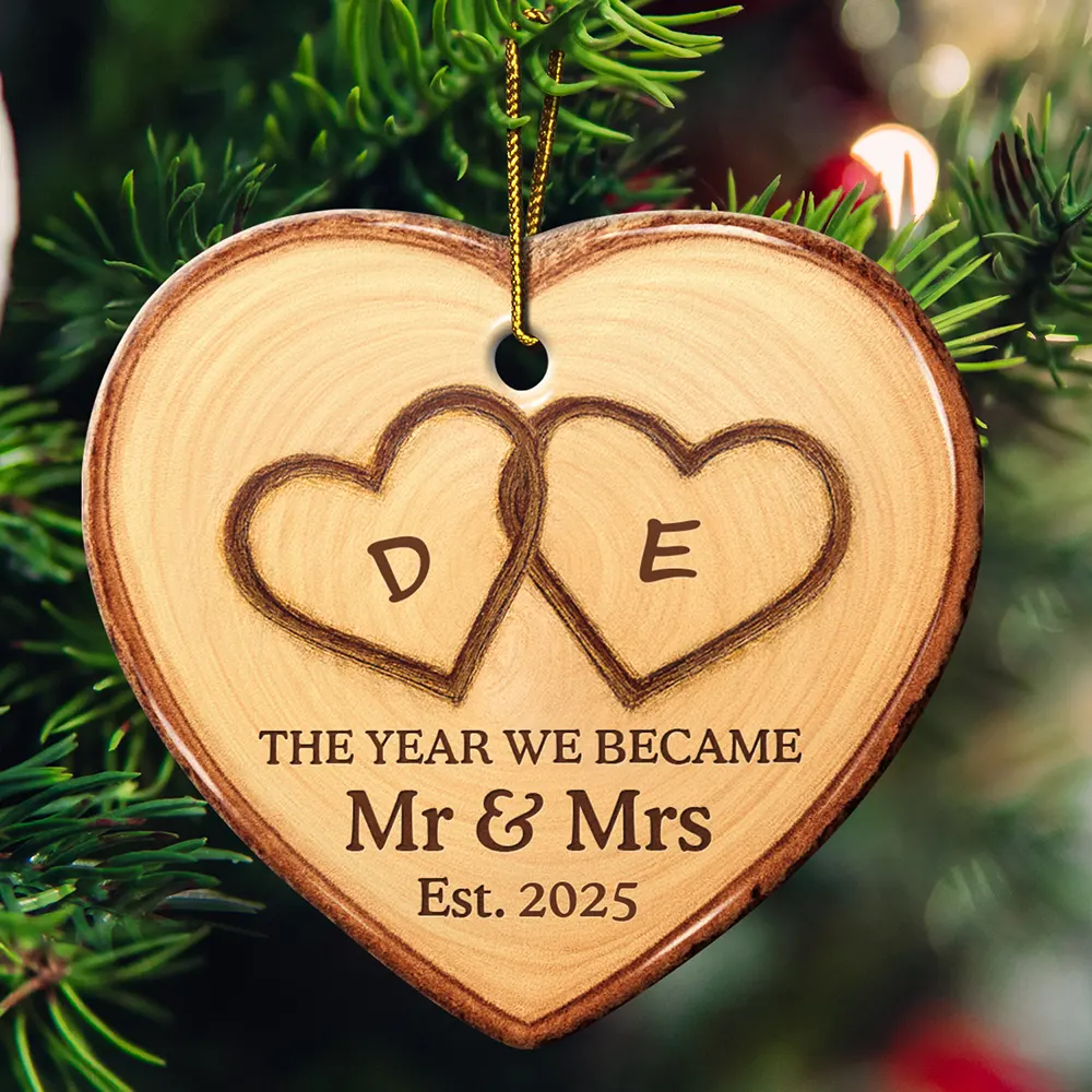 The Year We Became Mr & Mrs Initial Letter - Personalized Heart Ceramic Ornament - Image 2