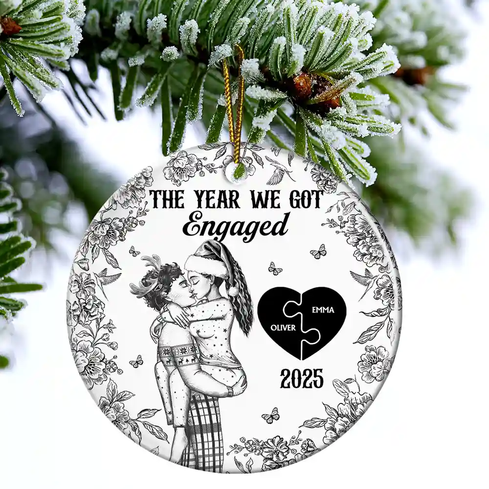 The Year We Became Mr & Mrs Kissing Couples Toile - Personalized Circle Ceramic Ornament - Image 4