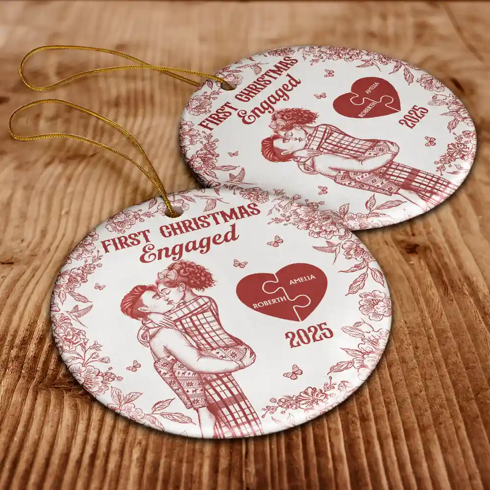 The Year We Became Mr & Mrs Kissing Couples Toile - Personalized Circle Ceramic Ornament - Image 6