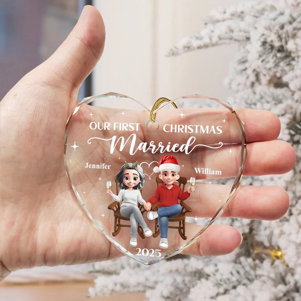 The Year We Became Mr & Mrs - Personalized Heart Shaped Glass Ornament - Image 3