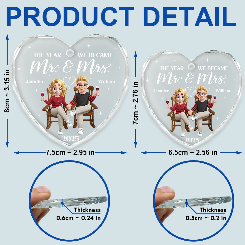 The Year We Became Mr & Mrs - Personalized Heart Shaped Glass Ornament - Image 5