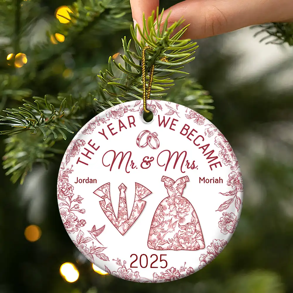 The Year We Became Mr & Mrs Toile - Personalized Circle Ceramic Ornament - Image 3