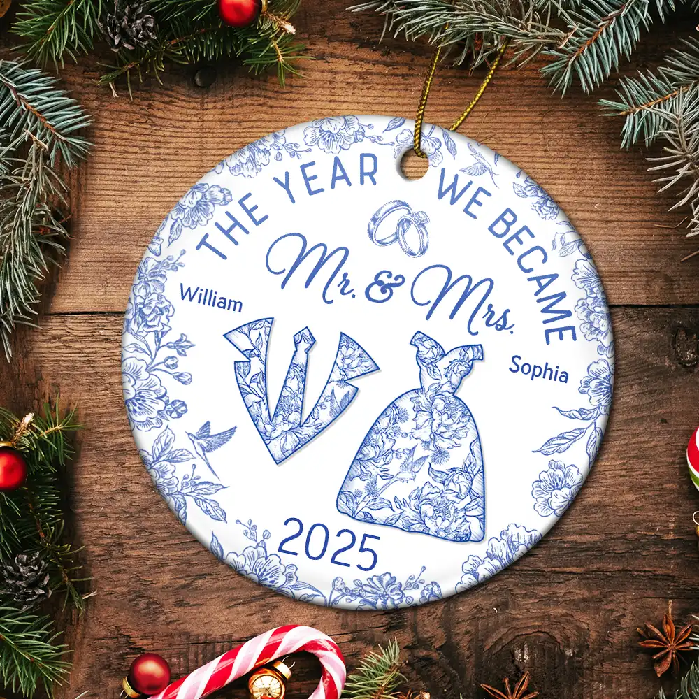The Year We Became Mr & Mrs Toile - Personalized Circle Ceramic Ornament - Image 5