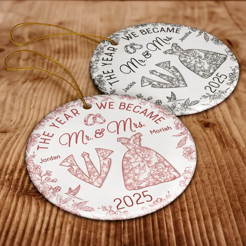 The Year We Became Mr & Mrs Toile - Personalized Circle Ceramic Ornament - Image 6