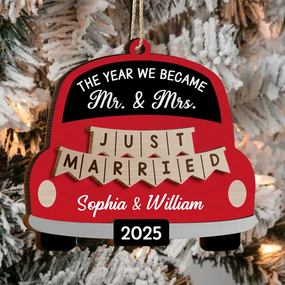 The Year We Became Mr & Mrs Wedding Car - Personalized 2-Layered Wooden Ornament - Image 3
