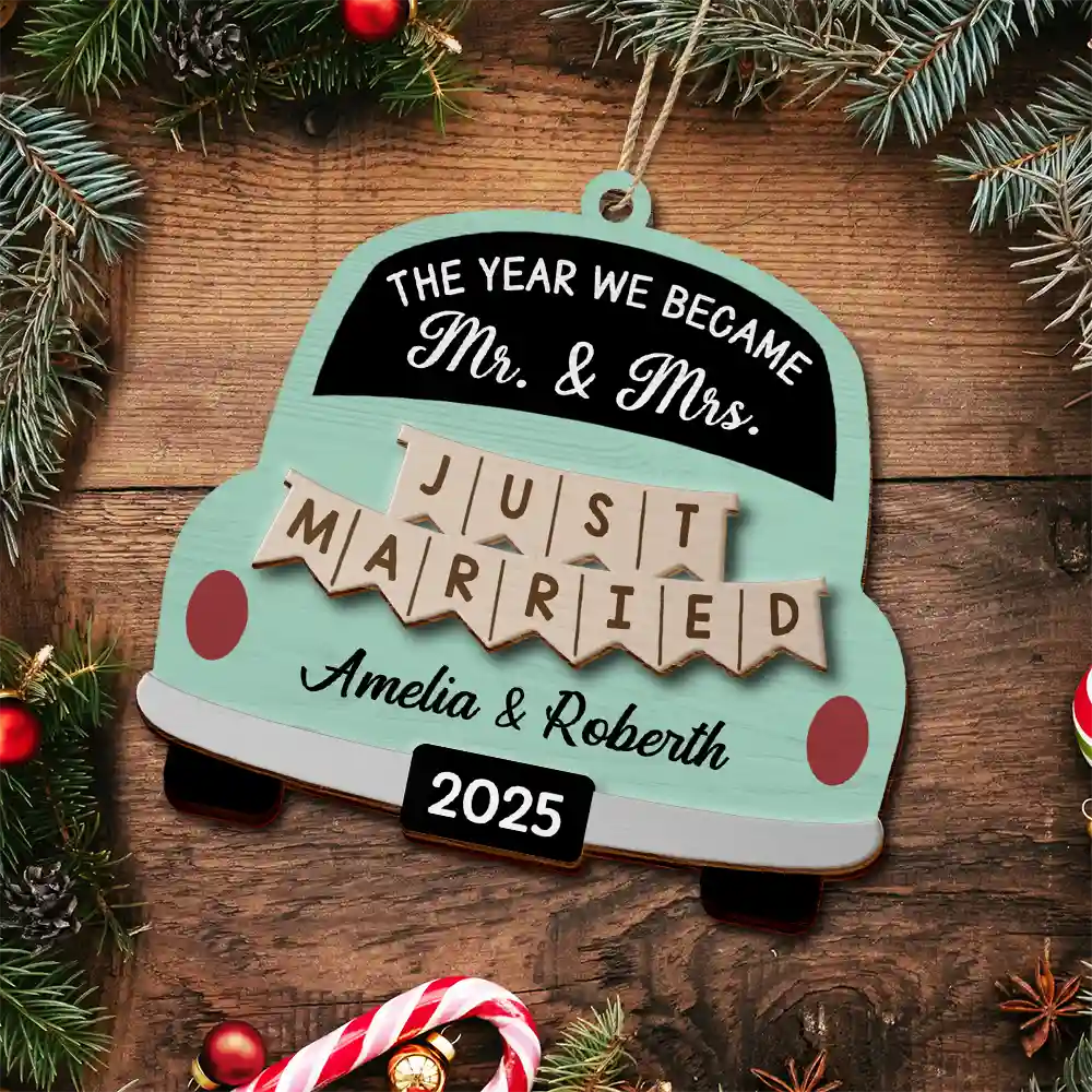 The Year We Became Mr & Mrs Wedding Car - Personalized 2-Layered Wooden Ornament - Image 4