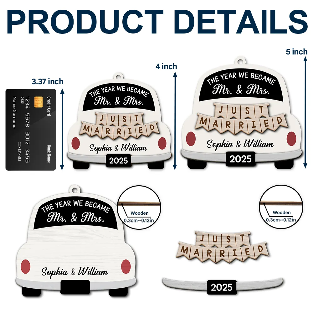 The Year We Became Mr & Mrs Wedding Car - Personalized 2-Layered Wooden Ornament - Image 5