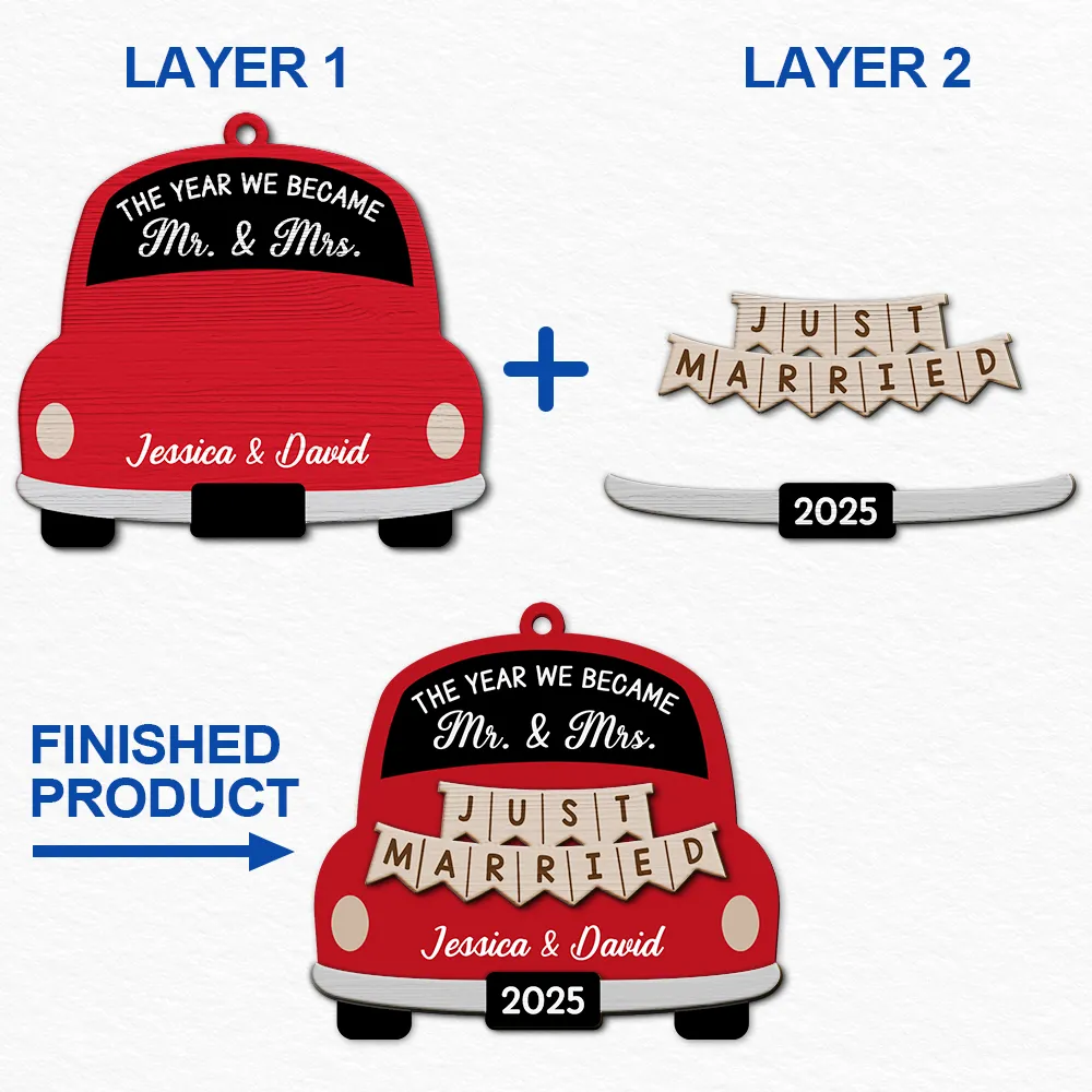 The Year We Became Mr & Mrs Wedding Car - Personalized 2-Layered Wooden Ornament - Image 6