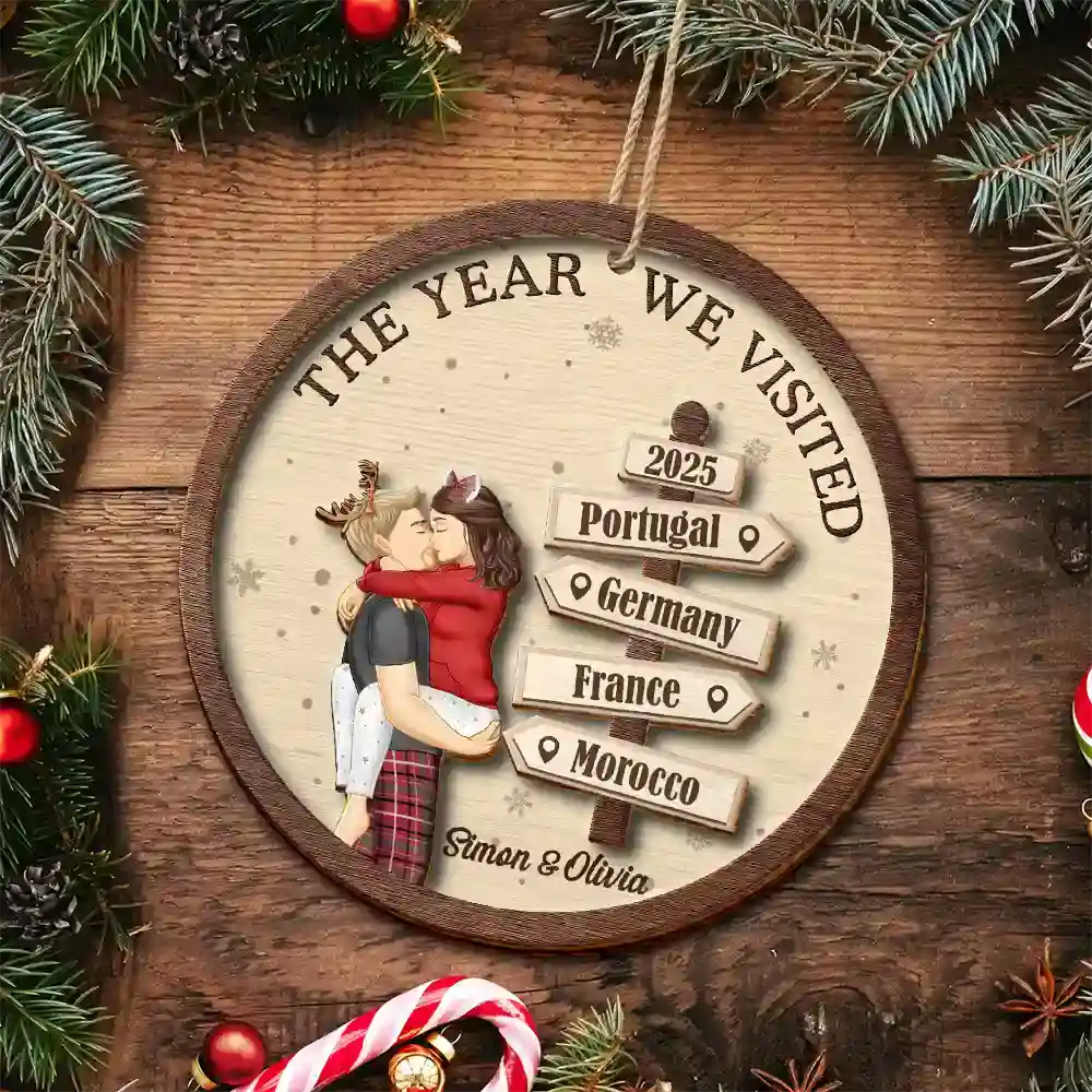 The Year We Visited Travel Couple - Personalized 2-Layered Wooden Ornament - Image 4