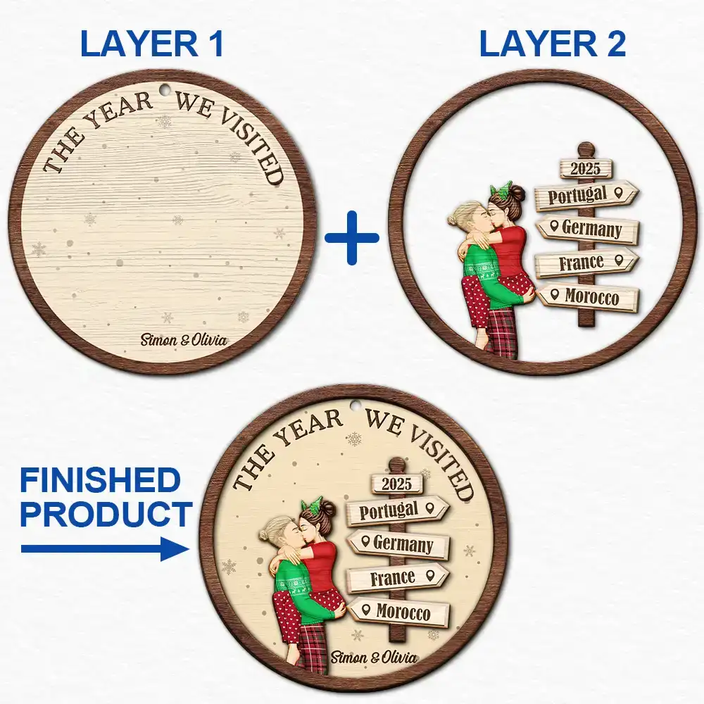 The Year We Visited Travel Couple - Personalized 2-Layered Wooden Ornament - Image 6