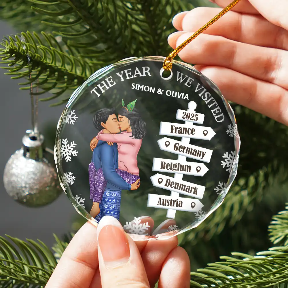 The Year We Visited Travel Ornament Side View - Personalized Circle Glass Ornament - Image 2
