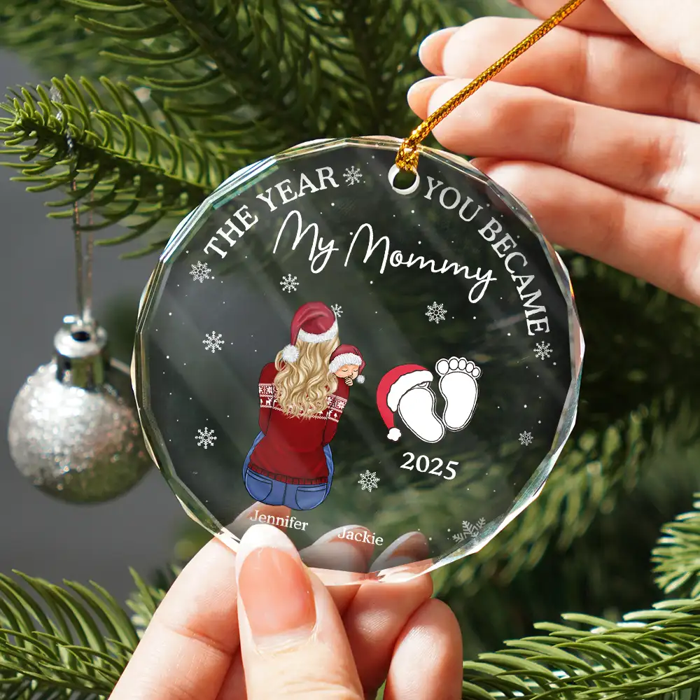 The Year You Became My Parents Family Of Three - Personalized Circle Glass Ornament - Image 2