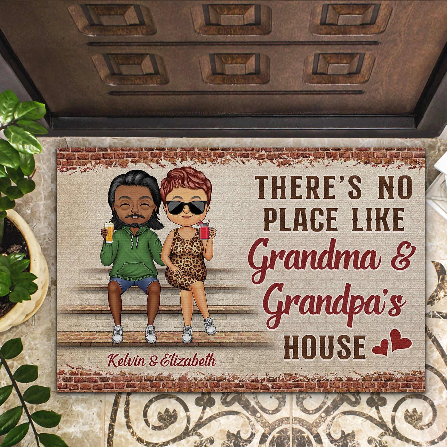 There's No Place Like Grandma And Grandpa's House Chibi Couple Grandparents - Family Gift - Personalized Custom Doormat - Image 2