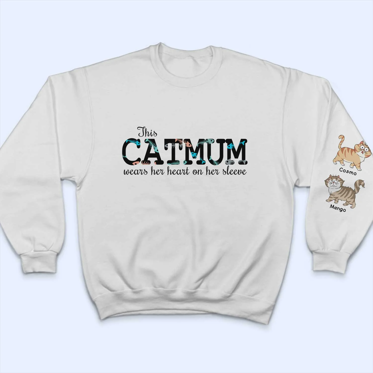 This Cat Mom Wears Her Heart - Gift For Cat Lovers - Personalized Sweatshirt With Sleeve Imprint - Image 3