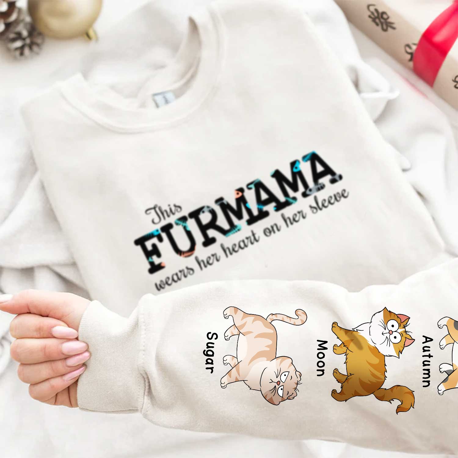 This Cat Mom Wears Her Heart - Gift For Cat Lovers - Personalized Sweatshirt With Sleeve Imprint - Image 4