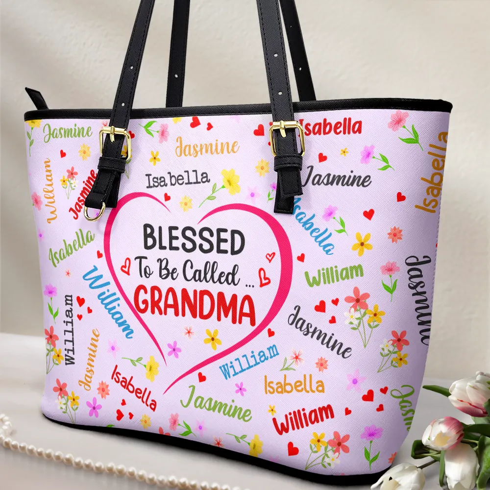 This Grandma Belongs To Blessed To Be Called Grandma - Personalized Leather Tote Bag - Image 2
