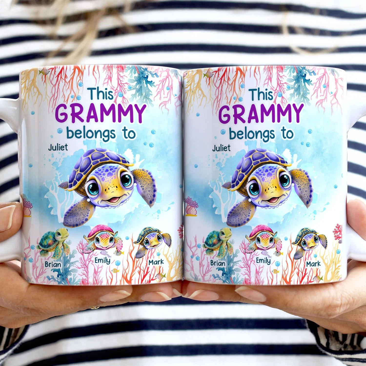 This Grandma Belongs To Cute Ocean Turtles - Gift For Grandmother, Mother, Mom - Personalized White Edge-to-Edge Mug - Image 2