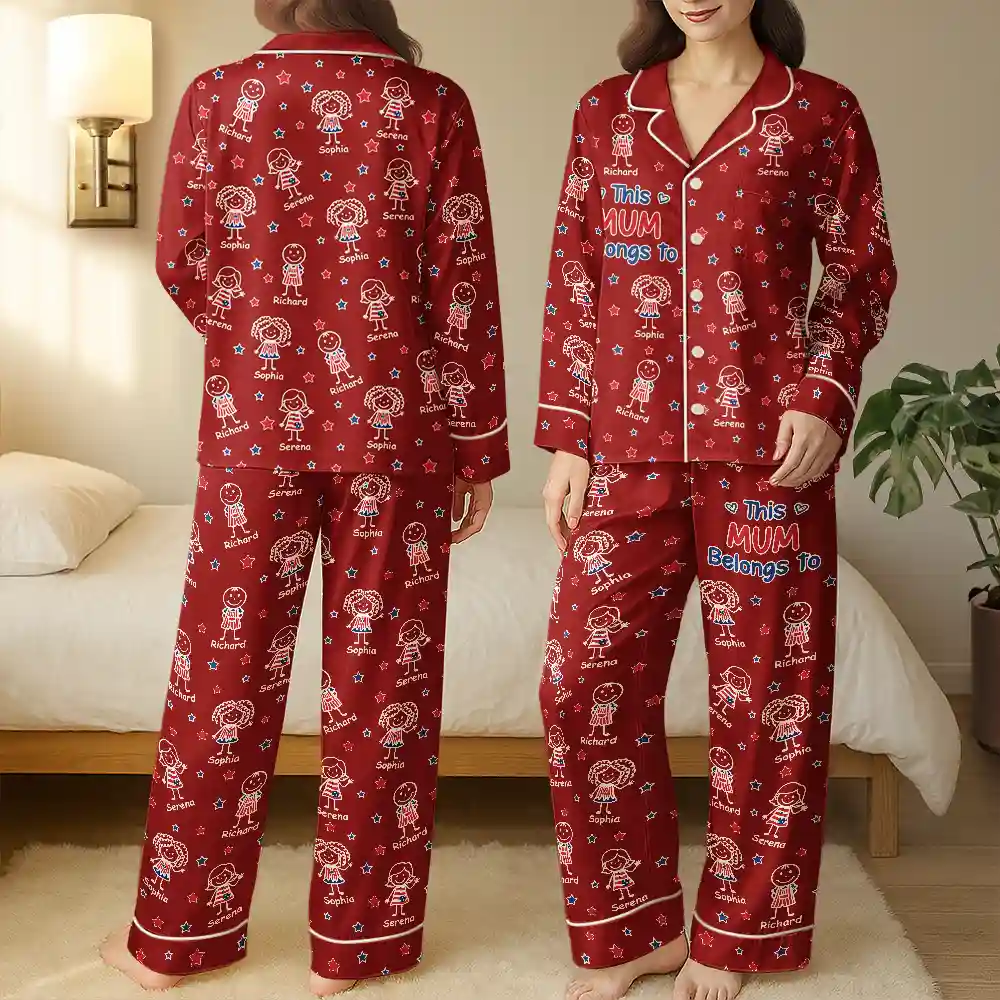 This Grandma Mom Belongs To Kids Pet US Flag - Personalized Satin Pajama Set - Image 3