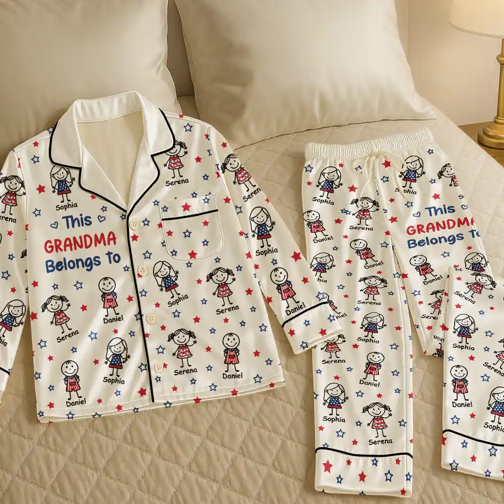 This Grandma Mom Belongs To Kids Pet US Flag - Personalized Satin Pajama Set - Image 5