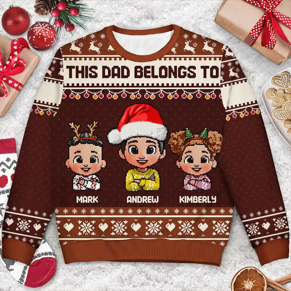 This Grandpa Belongs To Grandkids Pixel Art - Personalized Unisex Ugly Sweater - Image 3