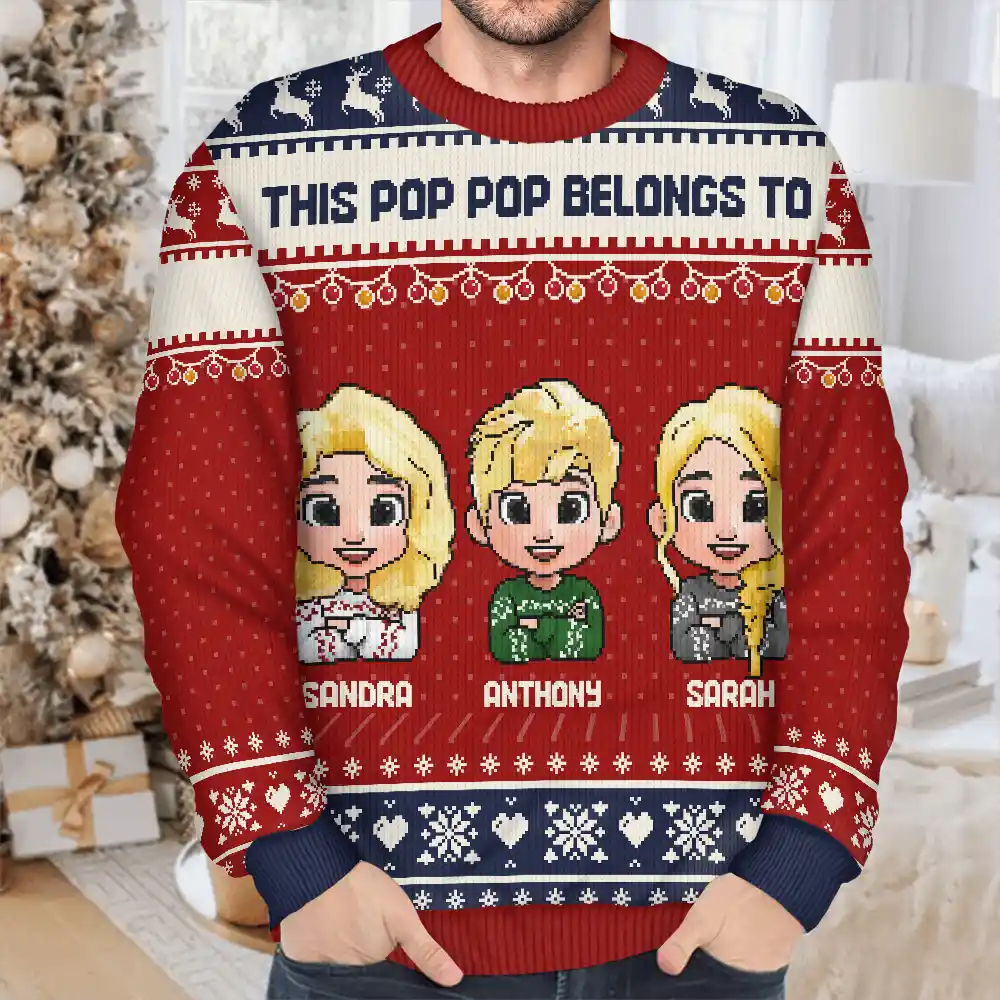 This Grandpa Belongs To Grandkids Pixel Art - Personalized Unisex Ugly Sweater - Image 4