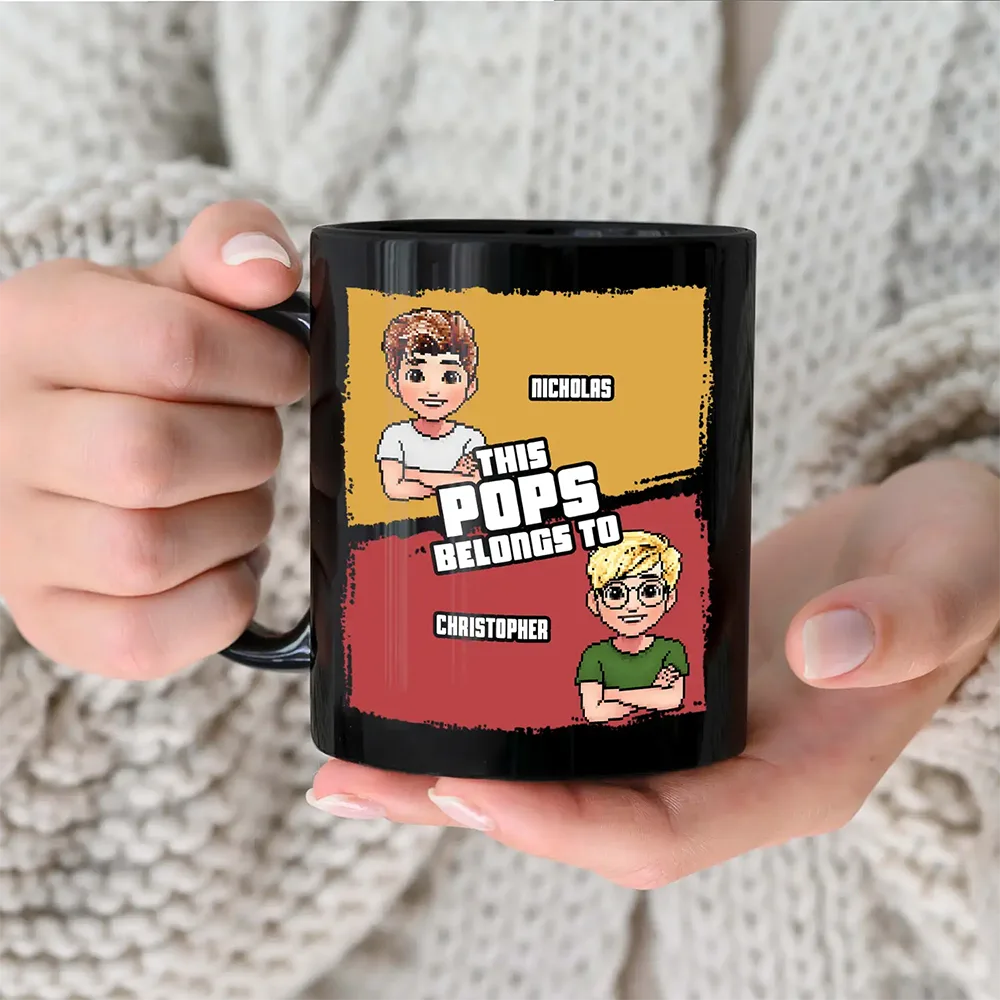This Grandpa Belongs To Grandkids Pixel Fun Art - Personalized Black Mug - Image 3