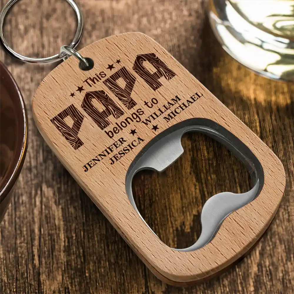 This Grandpa Belongs To Wooden Titles - Personalized Bottle Opener Keychain - Image 2
