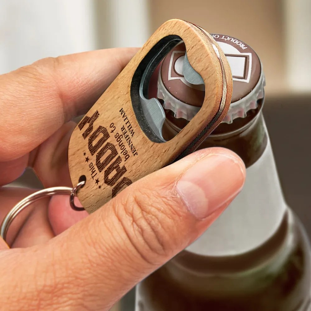 This Grandpa Belongs To Wooden Titles - Personalized Bottle Opener Keychain - Image 3