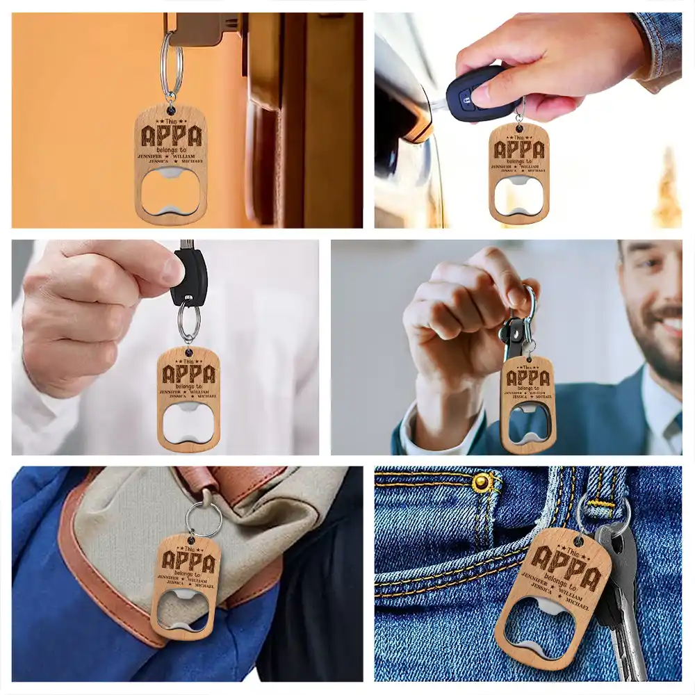 This Grandpa Belongs To Wooden Titles - Personalized Bottle Opener Keychain - Image 4