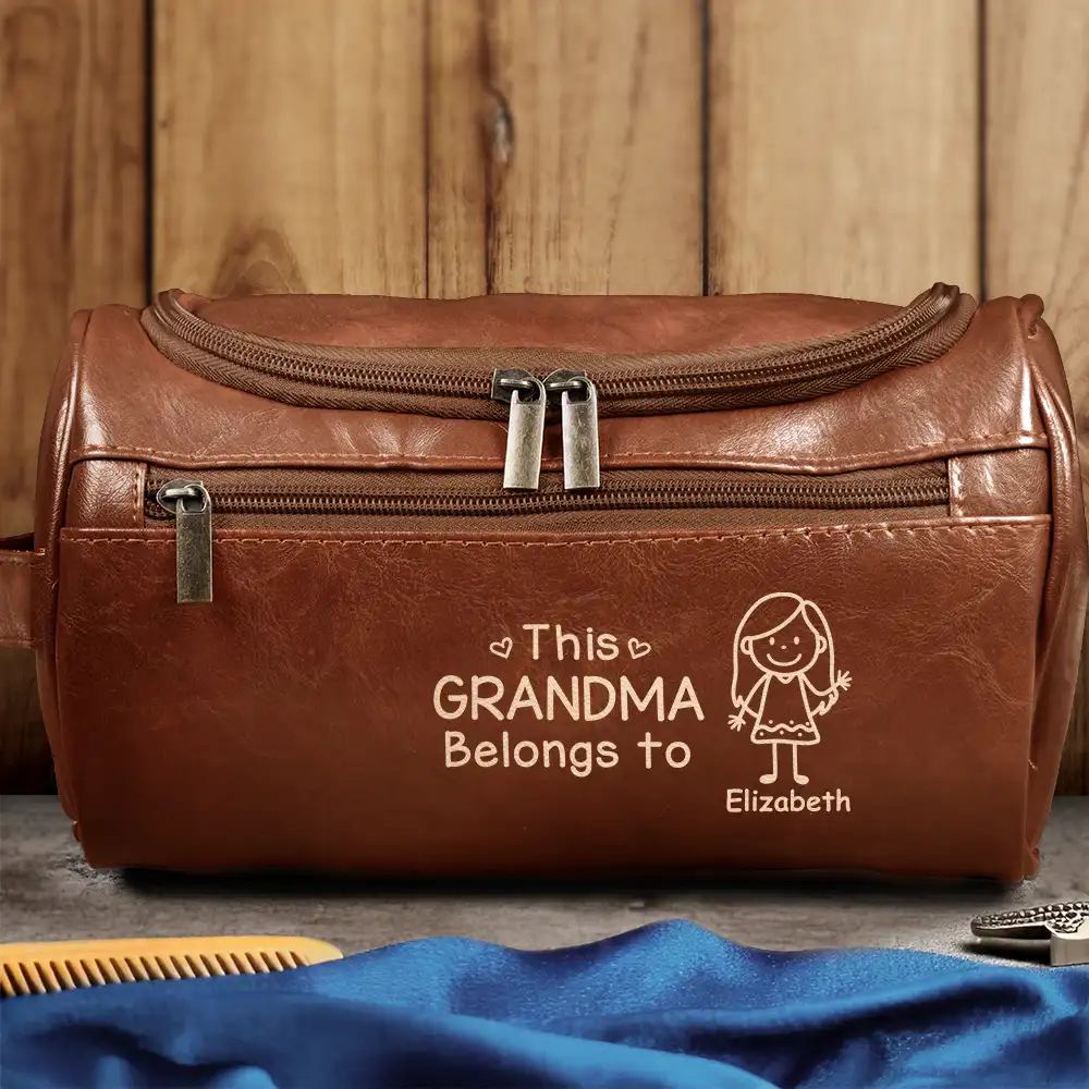 This Grandpa Dad Belongs To Kids Pet - Personalized Leather Toiletry Bag - Image 3