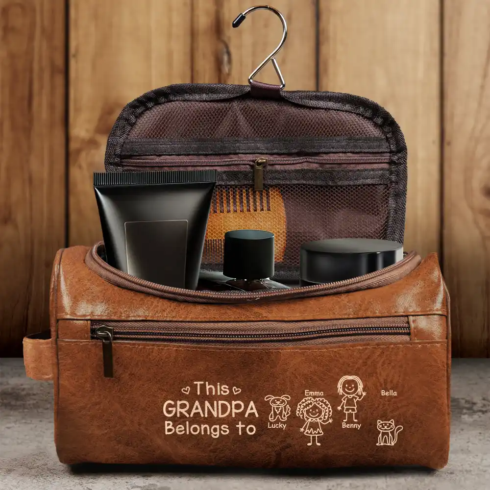This Grandpa Dad Belongs To Kids Pet - Personalized Leather Toiletry Bag - Image 4