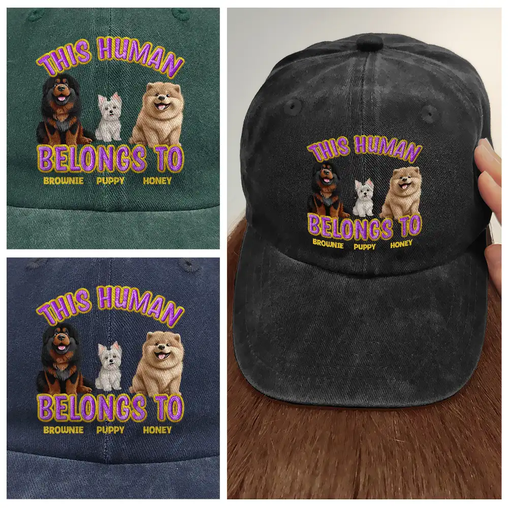 This Human Belongs To Cute Dog - Embroidery Text Effect Printed, Personalized Vintage Washed Denim Cap - Image 4