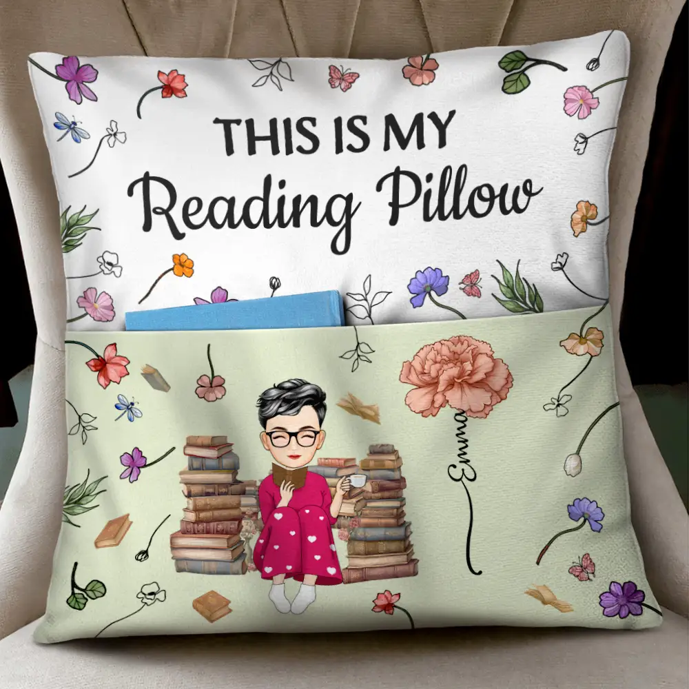 This Is My Reading Pillow Cartoon Version Birth Month Flower - Personalized Pocket Pillow - Image 3