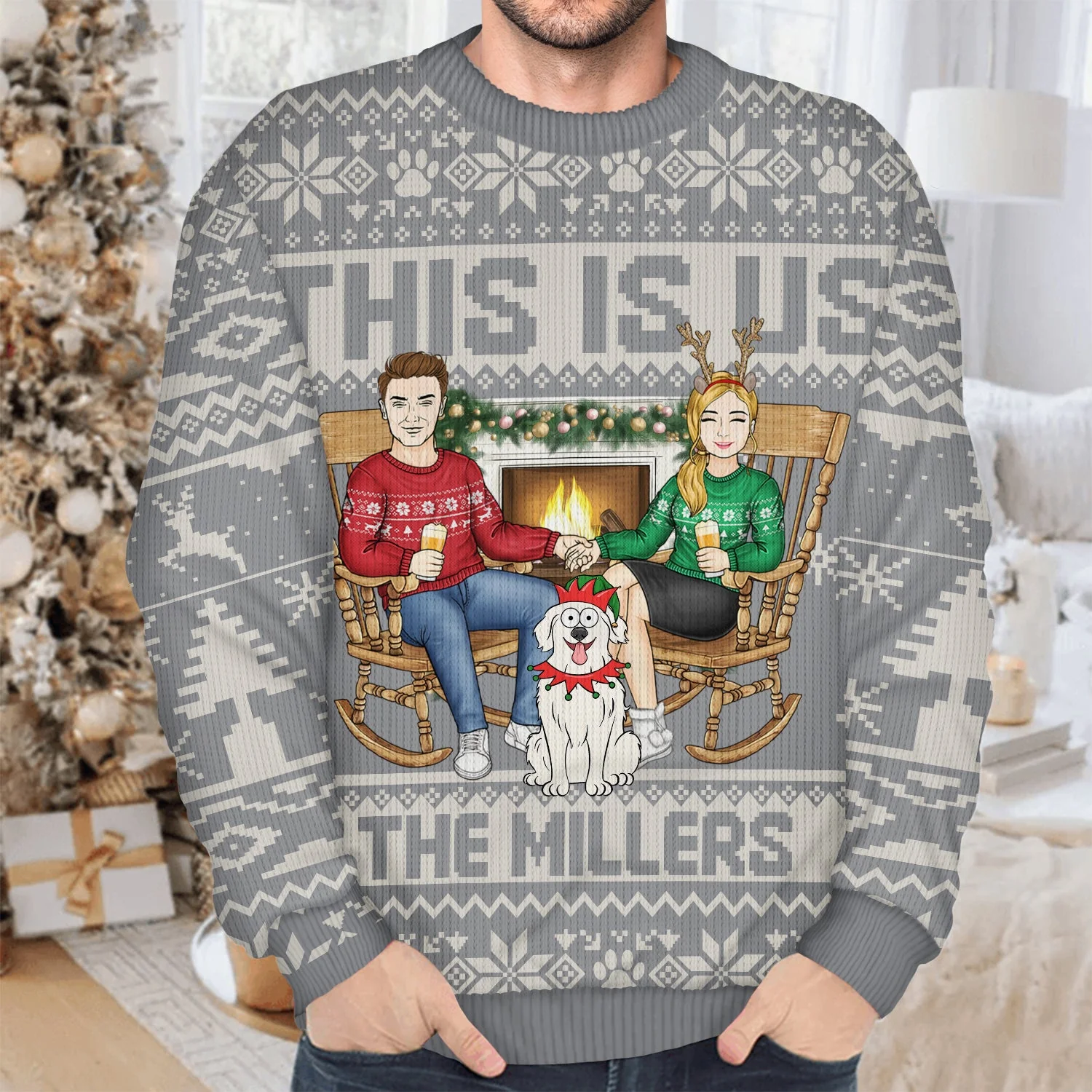 This Is Us Couple And Dogs Cats - Christmas Gift For Pet Lovers And Family - Personalized Unisex Ugly Sweater - Image 4