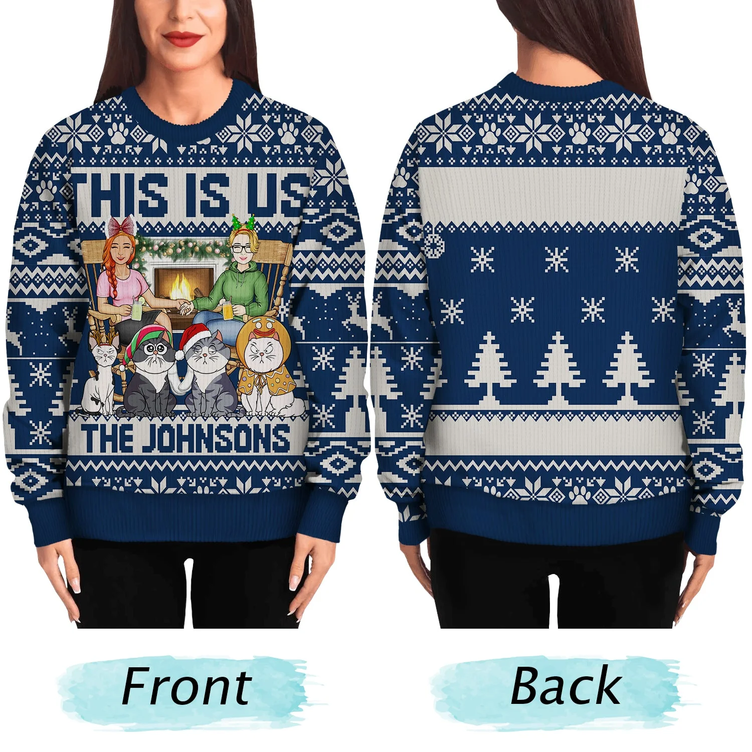 This Is Us Couple And Dogs Cats - Christmas Gift For Pet Lovers And Family - Personalized Unisex Ugly Sweater - Image 5