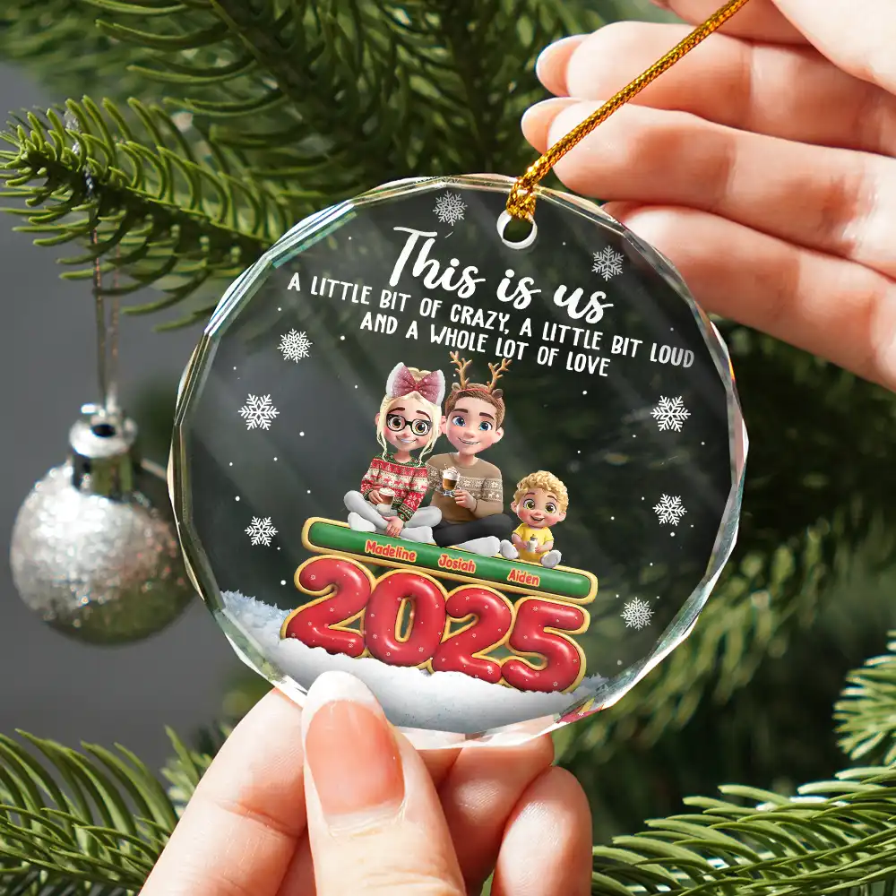 This Is Us Couple With Kids And Dogs Cats 3D Effect - Personalized Circle Glass Ornament - Image 2