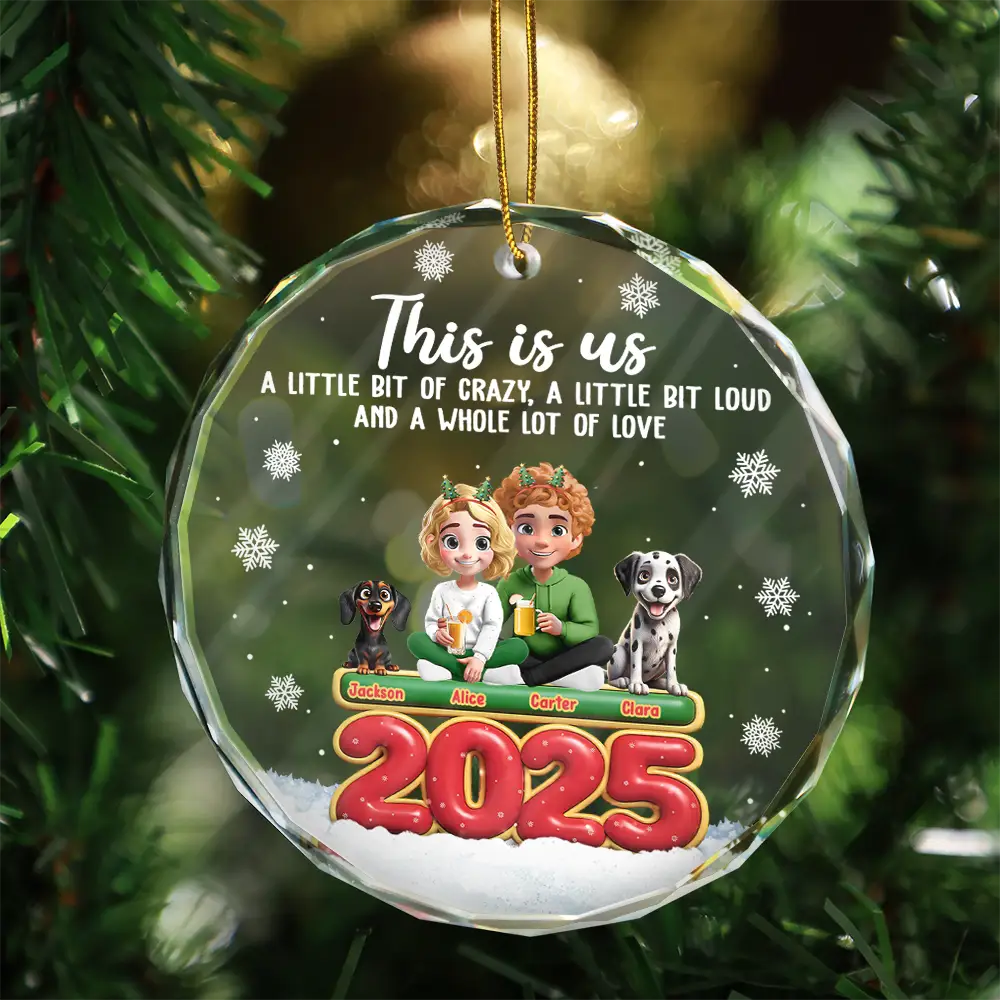 This Is Us Couple With Kids And Dogs Cats 3D Effect - Personalized Circle Glass Ornament - Image 3