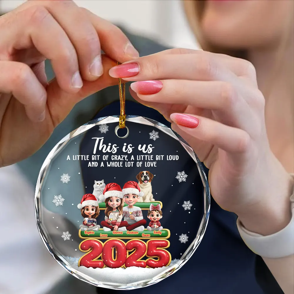 This Is Us Couple With Kids And Dogs Cats 3D Effect - Personalized Circle Glass Ornament - Image 4